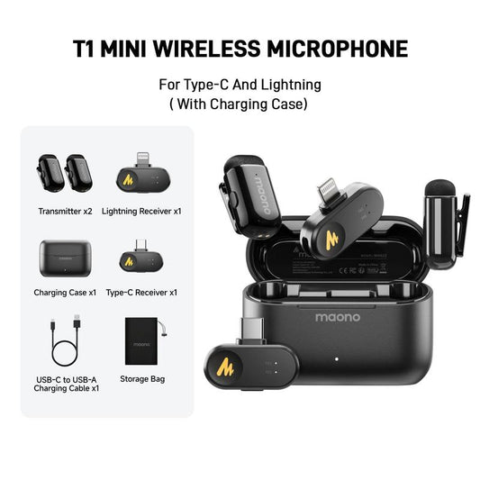 T1 MINI Wireless Lavalier Vlogging Mic with Smart Noise Reduction Adapt for Iphone, Android Smart Phone, Perfect for Video Vlogging, Content Creation